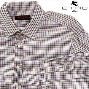 Etro Men’s Checkered Button Down Shirt Size 45 Purple White Cotton Italy